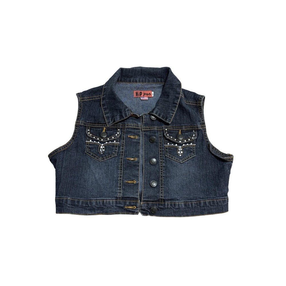 Hip Jeans Vest Juniors Large Blue Denim Rhinestone Western Cropped Collared